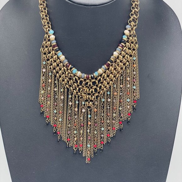 Multicolor Beaded Fringe Chain Choker Statement Necklace Gold Tone Wedding Guest - Picture 2 of 6